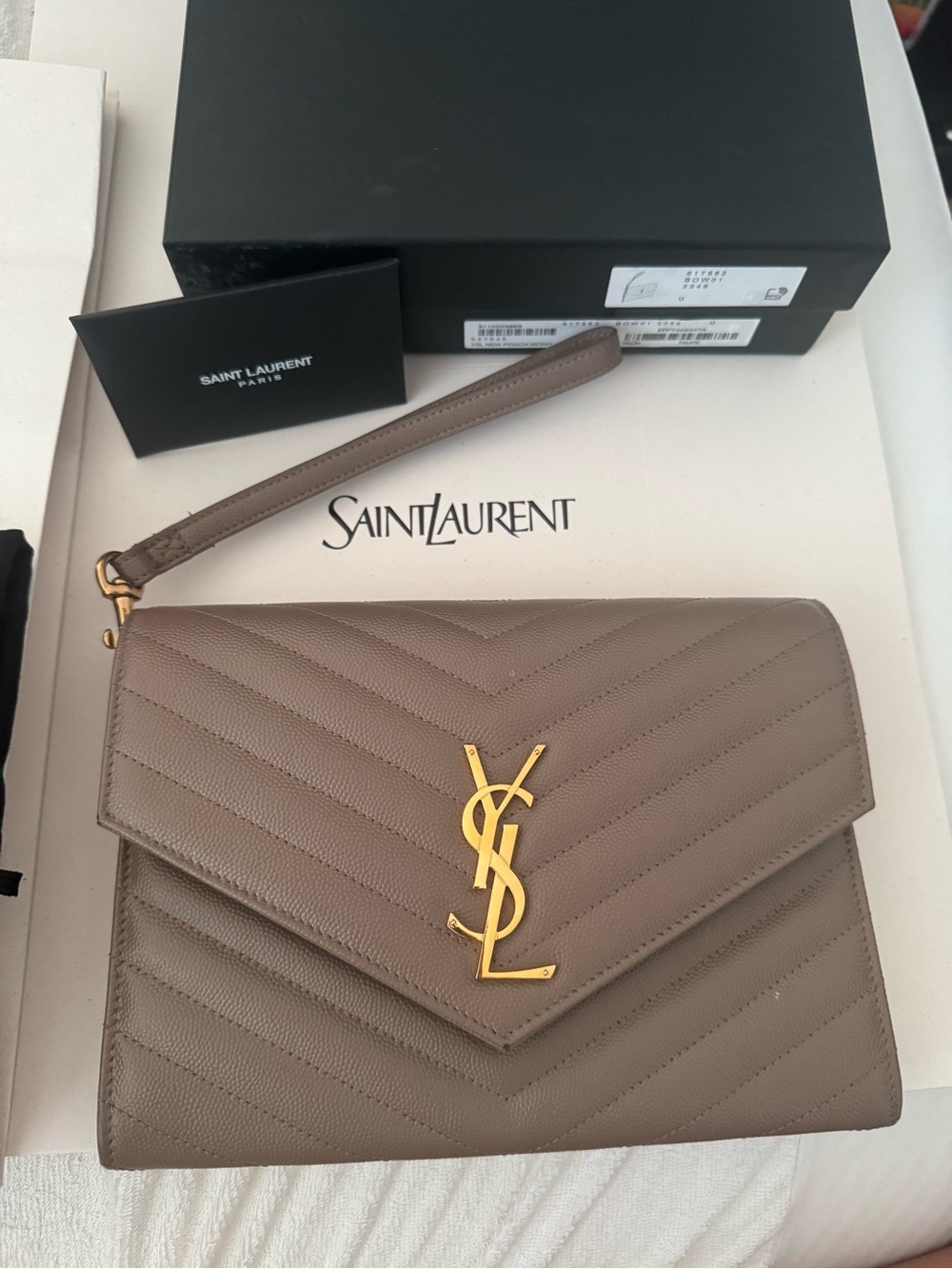 Saint Laurent Taupe Chevron Leather Wristlet Can be made into shoulder/crossbody